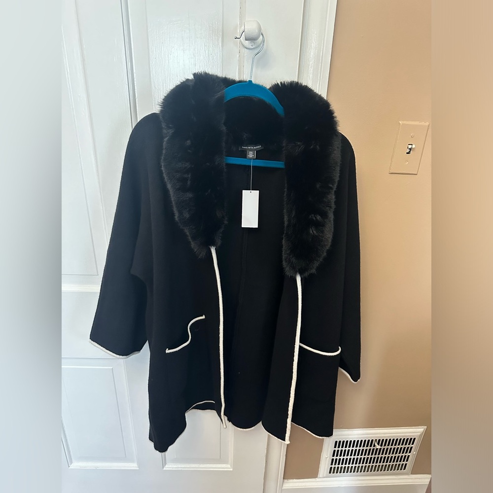 Saks Fifth Avenue Black Sweater with Faux Fur Trim